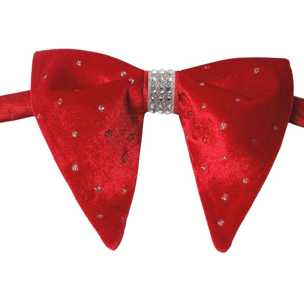 Red Velvet Oversized Bow Tie Silver Glitter Polka Dot Rhinestone Center Festive